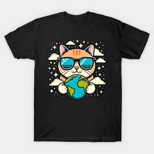 Funny Earth Day 2024 Earth Planet Cute Cat Earth Day Kids T-Shirt